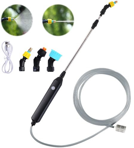 CLIUNT Akku Drucksprüher, Elektrischer Pflanzensprüher mit 21.6 inch Teleskopstab, 5m Schlauch, 3 Düsen, Wiederaufladbarem und Tragbarer Sprühstab, Gartensprüher Sprühlanze, für Garten, Hof, Rasen