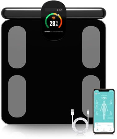 Fitdays Balance d'analyse corporelle intelligente -Balance IMC numérique de précision à 8 électrodes avec 20+métriques, affichage couleur Bluetooth pour muscle/graisse/eau (FG2305ULB-Noir)