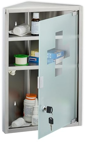 Relaxdays Medizinschrank, 3 Fächer, HxBxT: 45x30x17,5 cm, abschließbar, Edelstahl, Glastür, Eck Apothekenschrank, Silber