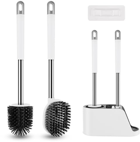 Klobürste Silikon, Toilettenbürste mit bürste und Aufbewahrungsbereich, WC Bürste für die Wandmontage ohne Bohren, Grau&Weiß