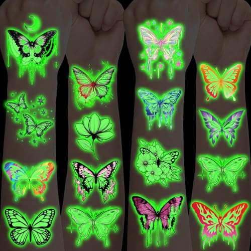 Schmetterling Tattoos für Kinder,10 Blätter Leucht Kindertattoos Hautfreundlich Set Schmetterling Temporäre Tattoos sticker,Mitgebsel Kindergeburtstag Geschenke Party Deko Tattoo Kinder Mädchen