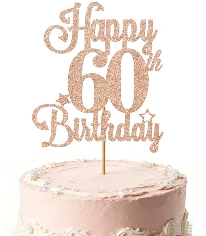 VGRDTW 1Pcs Happy 60th Birthday Cake Topper Rose Gold Glitter 60 & Cheers to 60 Years Cake Decoration Supplies for 60th Birthday Party Decorations Paper Design with Sparkle