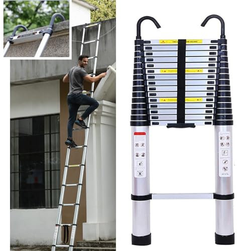 Telescopic Ladder 6.2m with Detachable Hooks – EN131 Aluminium Extension Tall Ladder with Anti-Slip Feet | Professional Loft/Gutter 15-Stepladder for Home & Trade Use (Folds to 1M for Easy Storage)