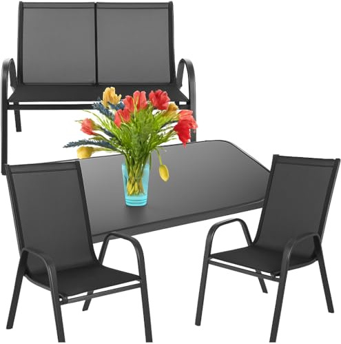 ZOLTA Gartenmöbel Set Tisch Sofa 2 Stuhl aus Metall Textilene mit Glasplatte Wetterfest Balkon Terrassenmöbel Sitzgruppe Outdoor Lounge Gartenmöbelset für 4 Personen Modern Stabil Bequem Stap Schwarz
