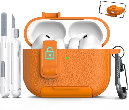 MHYALUDO Compatibile con AirPods Pro 3a generazione Custodia con chiusura, Materiale TPU con Texture in pelle,Porta di ricarica antipolvere e funzione di supporto per Airpods Pro 3 Custodia,Arancione