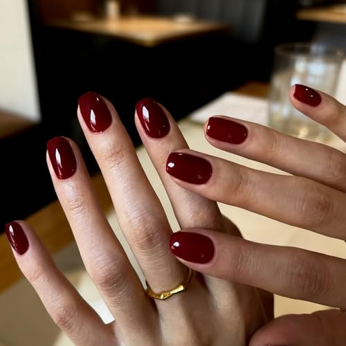 32pcs Burgundy False Nails, 15 Sizes Short Square Press on Nails | Wine Red Fake Nails with Glue, Long-lasting Stick on Nails for Women, Reusable Nail Art & Decoration