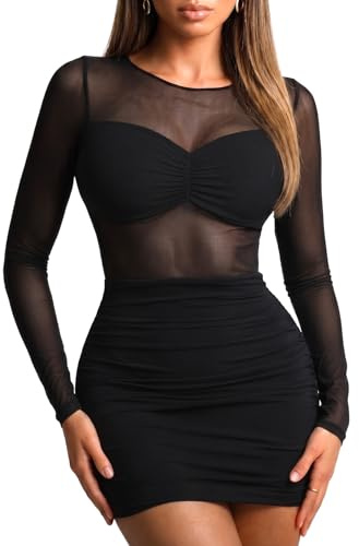HAWILAND Women Ladies Sexy Sheer Mesh Long Sleeve Party Bodycon Mini Dress | Going Out Festival Club Short Dress, Evening Wedding Guest Date Night Clubbing Dresses