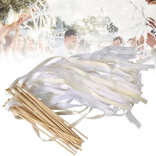 50 Stück Wedding Wands Hochzeit, Hochzeitsbändern, Zauberstäbe Hochzeit Luftschlangen, Polyester Beige Lace mit Glöckchen Dekorativ Hochzeitsdeko Spalier, Ribbon Wands Glocke, für Hochzeitsfeier