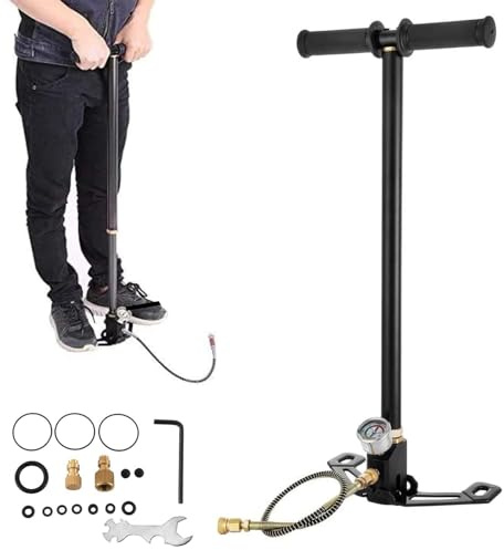 3 Stage Hand Pump Stirrup Charging PCP Air Rifle Gun Gas Filter Gauge Valve Hose 4500PSI High Pressure Air Gun Stainless Steel Rifle Filling Pump for Cylinder Airgun, Scuba Tank, Cars, Mountain Bikes