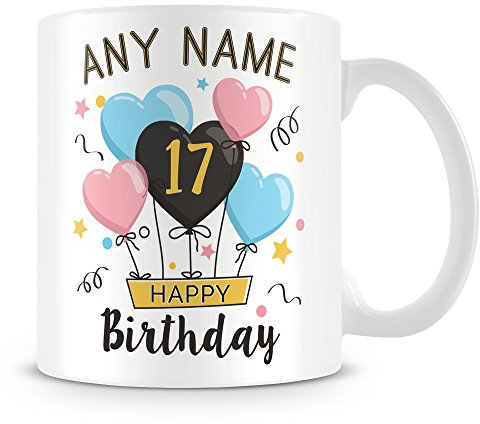 17th Birthday Gift- Personalised Mug/Cup - Add Name - Birthday Balloons Design