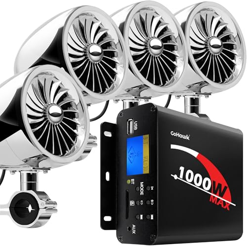 GoHawk TJ4-Q 1000W 4 Channel Amplifier 4 Full Range Waterproof Bluetooth Motorcycle Stereo Speakers Audio System AUX USB SD Radio for 1-1.5 Handlebar Harley Touring Cruiser ATV