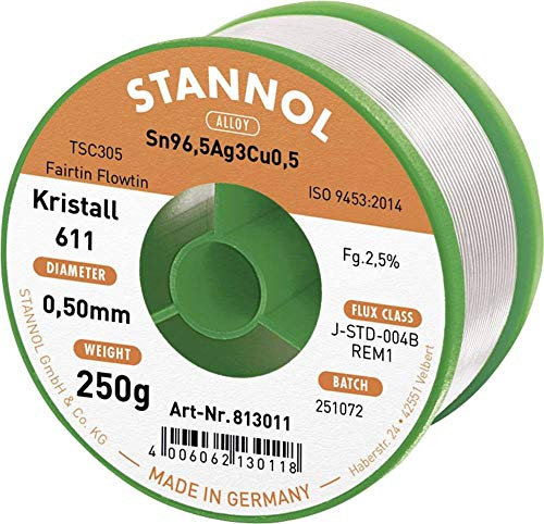 Stannol 813011 Lötdraht Kristall 611 2,5prozent 0,5mm FLOWTIN TSC305 (Sn96,Ag3Cu0,5) Fairtin 250g Spule
