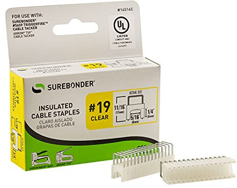 Surebonder Grapas de cable aisladas, transparentes, para cable de red RG-6, RG-59, coaxial, cable Ethernet y otros cables de hasta 5/16 pulgadas de ancho, 1/4 x 5/16 pulgadas, paquete de 300, n.º 19