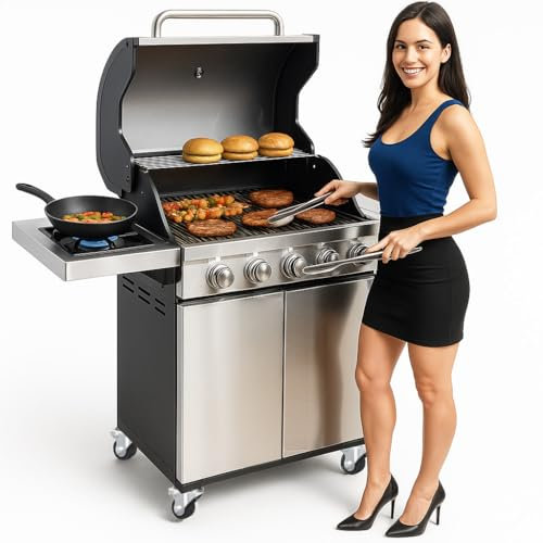 BAKAJI Barbecue a Gas e Pietra Lavica 4 Fuochi Bruciatori 12kw Griglia 70x40cm con Piano d'appoggio e Fornello 2kw Laterali 4 Ruote e Coperchio Grill BBQ in Acciaio per Esterno Giardino Terrazzo