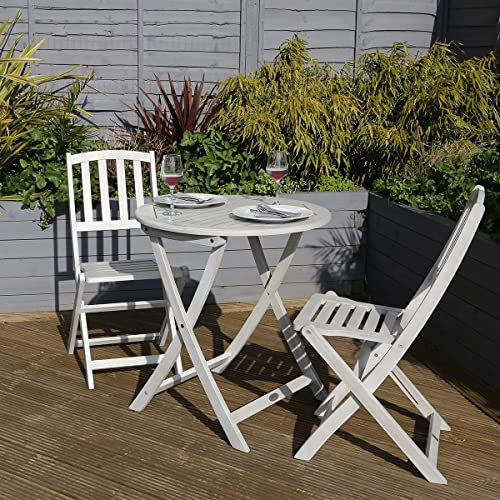 Charles Bentley FSC Acacia White Washed Wooden Bistro Set, 2 Seater, Circular Table, Two Chairs, Outdoor, Garden, Furniture, Modern Design, Sustainable, Hardwood, 3 Piece, Ethical (100x100x74cm)