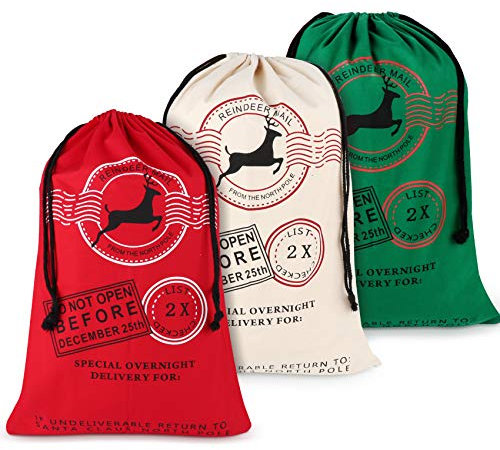 Homewit Bolsa de Navidad de Papá Noel, 3 Bolsas de Lona con cordón de Ajuste, tamaño Extra Grande, 70 cm x 50 cm, Bolsas de Oficina de Renos de Navidad, trae alegría de Despertar