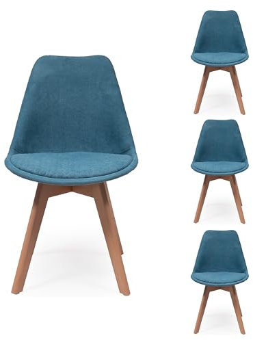 Homely | Pack de 4 Sillas de Comedor New Day Tela | Diseño Nórdico | Asiento de Tela Suave Pespunteado | Asiento Acolchado | Respaldo Ergonómico | Diseño Hexágono | Color Azul Turquesa