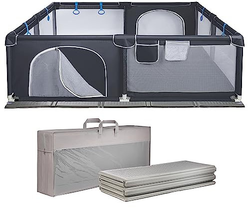 ONVAYA® Laufgitter mit faltbarer Spielmatte | Laufstall für Babys | 160 x 200 cm | Schutzgitter für Kinder | Rechteckiges Krabbelgitter | Absperrgitter | Babyzaun in Grau | sicher & schadstofffrei