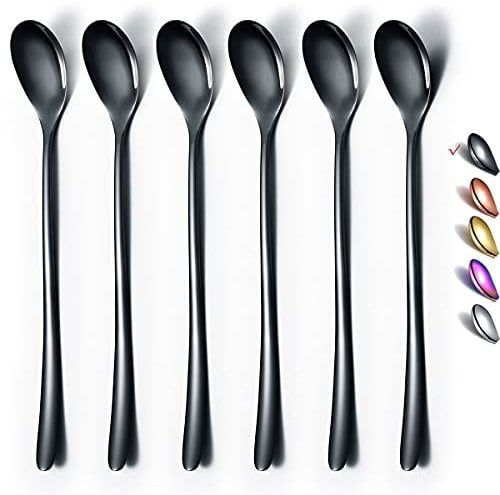 HOMQUEN Cuchara De Mango Largo Negra, Agitador De Café, Cuchara De Café De Acero Inoxidable Premium, Cuchara De Té Helado, Cuchara De Helado, Cuchara Agitadora De Cóctel, Juego De 6 (Negro)