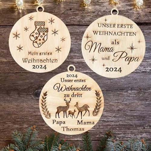 3 Stück Unser Erstes Weihnachtenals zu dritt Christbaumschmuck Weihnachtsdeko aus Holz Weihnachtsbaum