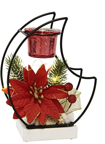 Dekorierter Teelichthalter aus Metall mit Glaseinsatz Weihnachtsstern Tannenzweigen LED Licht Stimmungslicht Lampe Kerzenhalter Weihnachtsdeko Dekoration Tischdeko Dekoobjekt Ornamente 3D Bild