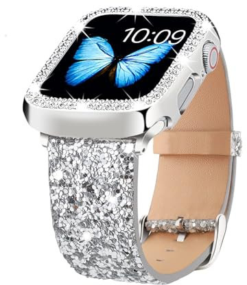 Bling Bands Compatible with Apple Watch Band 38mm 40mm 41mm 42mm 44mm 45mm + Case, Women Glitter Leather Strap with Bling Diamond Protector Cover For iWatch Series 7 6 5 4 3 2 1 SE (Silver, 41mm)