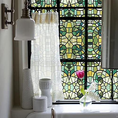 Funlife dessiné à la Main, Mosaïque Verte Film fenetre vitrail 30x300CM | Film Anti Regard fenetre, Autocollants de décoration pour fenêtre Sticker Imperméable avec Motif film vitrail Réutilisable