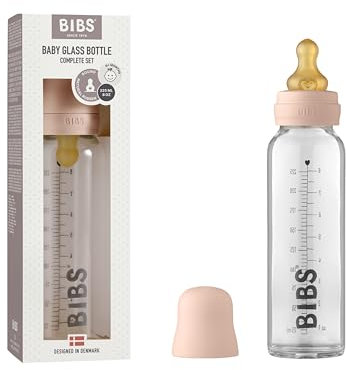 BIBS Baby Glass Bottle 225ml, Vermindert Koliken, Runder Sauger aus Naturkautschuklatex, Unterstützt das Stillen. Complete Set - 225 ml, Blush