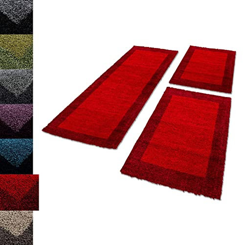 Carpettex Bettumrandung Schlafzimmer 3teilig Shaggy Teppich Hochflor Bordüre Muster Rot Bettset:2 mal 60x110 + 1 mal 80x150 - Bettvorleger Schlafzimmer Läuferset Weicher Langflor Bettumrandung Teppich