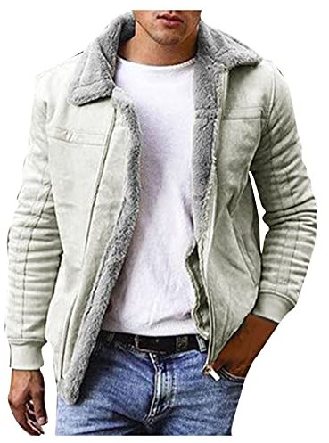 Take Idea Wildlederjacke Herren Winter Winterjacke Mit Fell Hochwertiges Stehkragen Lederjacke Bomberjacke Lammfell Mantel Trucker Jeansjacke Feldjacke MilitäRmantel ÜBerzieher, Weiß-1, L