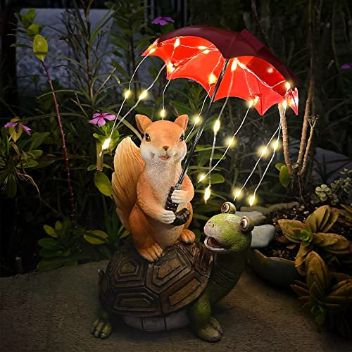 Statues solaires de jardin – Ornements d'extérieur écureuil assis sur une tortue tenant un parapluie avec guirlande lumineuse LED étanche pour décoration de cour, pelouse, pendaison de crémaillère,