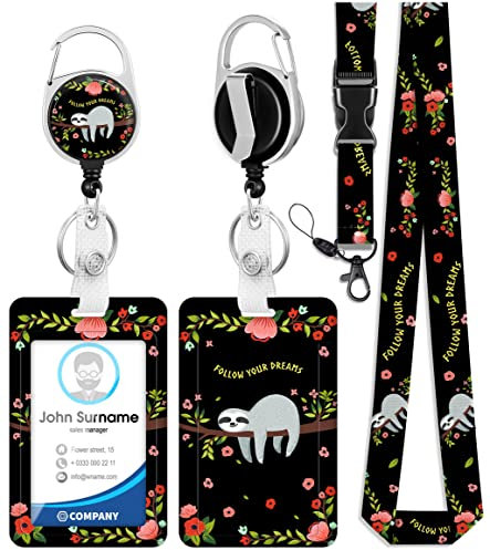 Toykee Ausweishalter mit Umhängeband und einziehbarem Ausweishalter, niedlich, lustige FaultierBlumen, Karte, Namensschild, Schlüsselband, vertikaler IDSchutz, BagClips für Krankenschwester,