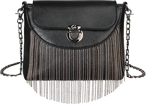 MEGAUK Mini Nieten Handtasche Kette Fransen Umhängetasche Cross Body Taschen Elegante Kettentasche Punk Clutch Bag Abendtasche mit Kette Riemen (Schwarz)