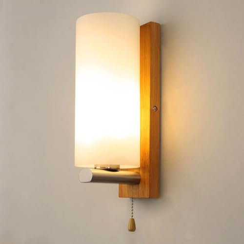 ANKBOY Modern Wandleuchte mit Zugschalter Glas Lampeschirm Wandlampe mit Schalte Holz & Glas Lampeschirm Rund Wandleuchten Lampe Innen Beleuchtung Wohnzimmerlampe Flur Schlafzimmer Leuchten