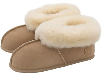 Rohn Moden Lammfell Hausschuh Chalet für Damen und Herren, Hüttenschuh mit weicher Ledersohle, warmer Hausstiefel für Erwachsene in Top Qualität, beige (Größe 41)