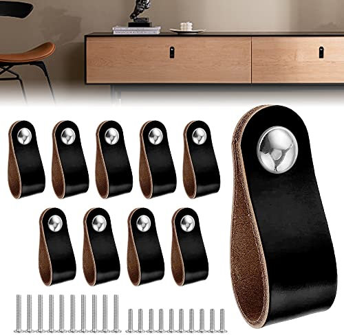 QINERSAW 10 PCS Poignée en Cuir pour Meuble Poignée de Porte en Cuir Poignées Cuir de Placard Poignée de Porte Cuisine en Cuir Poignée de Porte de Placard en Cuir avec 20 Vis pour Cuisine Chambre