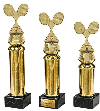 eberin · Badminton Pokale · Federball Wanderpokal · Badmintonschläger auf Goldsäule/Marmor schwarz · Pokal in 3 Größen erhältlich · mit oder ohne Gravur · (26,4 cm)