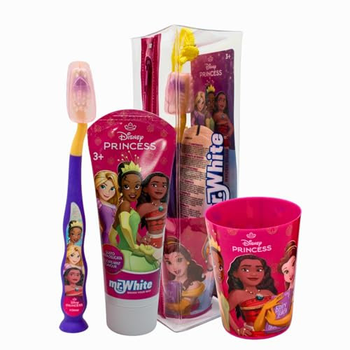 Mr.White Prinzessinnenbeutel Set für Kinder - Zahnbürste mit Saugnapf am Boden, Borstenabdeckung, zarte Kinderzahnpasta mit Minzgeschmack, Format 75 ml und Glas