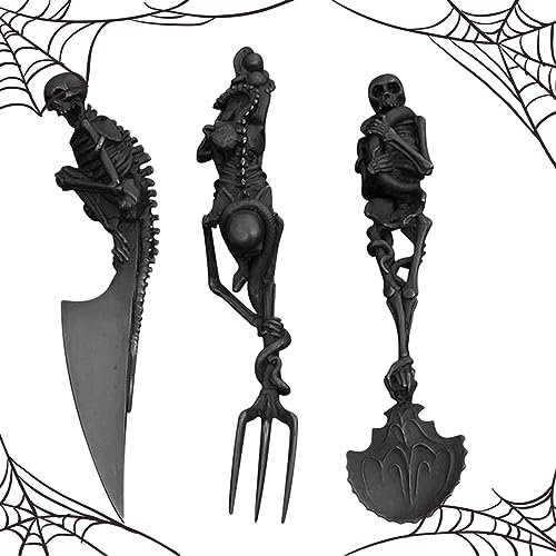 Stronrive Couverts d'halloween - Couverts tête Mort en métal Gothique - Fourchette/cuillère/Cutter intérieur extérieur Halloween décor pâques ustensiles fête noël