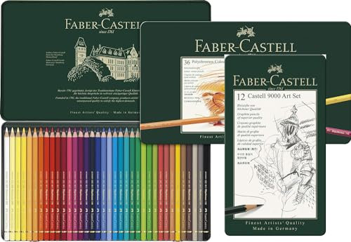 Faber-Castell 110036 - Künstlerfarbstift Polychromos, 36er Metalletui + Bleistifte Set Castell 9000 Art, 12 verschiedene Härtegrade 8B - 2H
