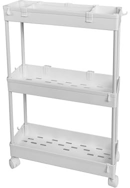 AMOS Small 3 Tier Rolling Storage Trolley on Wheels Multi-Purpose Utility Carts for Office, Kitchen, Bathroom, and More - Natrrow Plastic, White