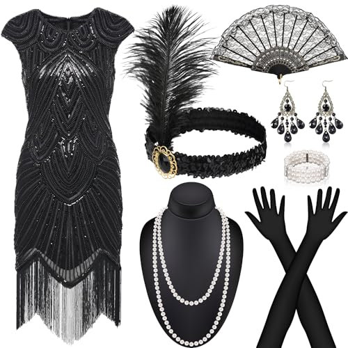Alintor Gatsby Kleid Damen Mit Accessoires - Charleston Flapper Kostüm 20er Jahre, Karneval, Fasching, Peaky Blinders