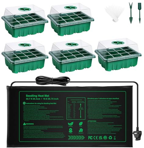 NAMOTEK 5 Pack Seed Starter Tray with Heat Mat and Humidity Domes, 60 Cell Trays Germination Station Cloning Kit heated propagator for seeds