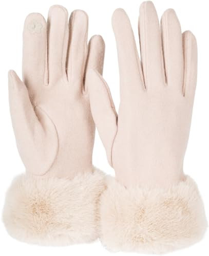 styleBREAKER Damen Unifarbene Touchscreen Stoff Handschuhe mit Kunstfell Besatz am Bund, warme Fingerhandschuhe Winter 09010028, Farbe:Beige