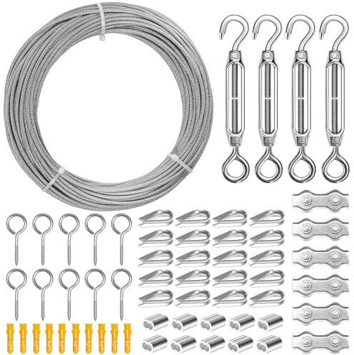 60 Stück 304 Edelstahl Stahlseil Kit, 30M 3mm Drahtseil, Rankhilfe Set, M4 Spannschloss Seilspanner, Set für Wäscheleine, Gardinenseil, Kletterpflanzen, Treppen