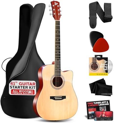 Pyle Steel String Acoustic Guitar Kit, 4/4 Full Size Cutaway All-Wood Guitarra Acustica with Premium Accessory Set and Upgraded Gig Bag, 41 Natural Glossy