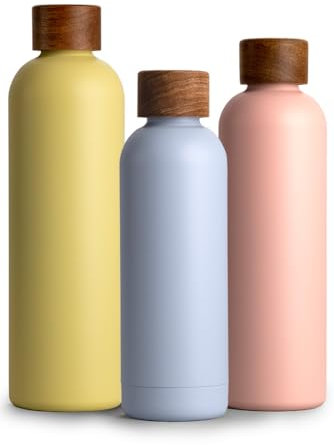 T&N Edelstahl Trinkflasche 500ml, Thermosflasche 0.5l mit Akazienholz Deckel, Isolierte Wasserflasche auslaufsicher bei Kohlensäure, Isolierflasche 500 ml - Sky Blue