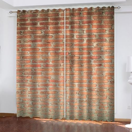 MELABE Roter Ziegelstein Verdunklungsvorhänge, Retro-Nostalgie 3D Digitaldruck Ösen Vorhang 2Er Set, Blickdicht Gardinen Kinderzimmer Schlafzimmer Wohnzimmer Thermovorhang 2 x 100B x 160H cm