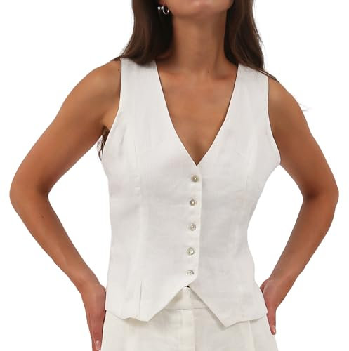 Amazhiyu Gilet de costume en lin pour femme - Sans manches - Col en V - Court - Boutonnière - Coupe ajustée - Bretelles réglables, Blanc., XL