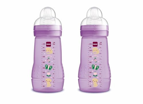 MAM Pack 2 Biberones, 2-4 Meses, 270ml, con Tetina 2 de Flujo Medio de Silicona de Fácil Aceptación, Fácil de Sostener, Fácil de Limpiar, MAM Easy Active, Rosa Brillante, Pack de 2uds